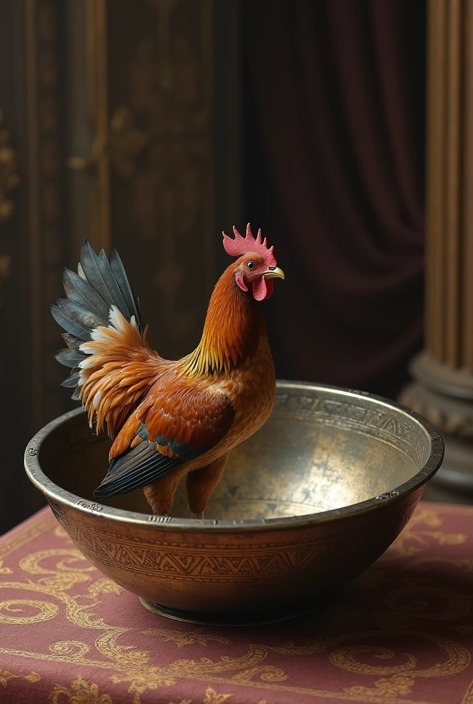 In the palace of an old king, there is a metal bowl upside down on a table, and under this bowl, a beautiful hooded bird is caught and captured, and only the bird's wing is left out from under the bowl, and the chicken itself, not the only chicken's wing, is known. It is an overturned metal bowl, the bowl is on its back, and ancient symbols can be seen on the bowl