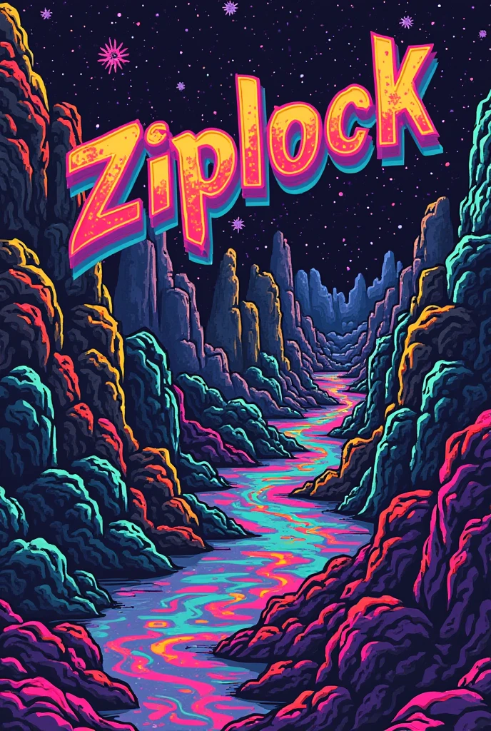 Create a psychedelic image with cool colors and the name "ZiplocK" written in a way as if it were stained.