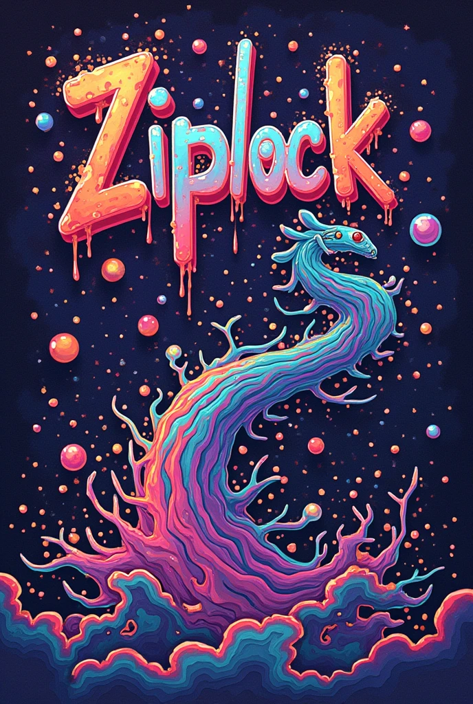Create a psychedelic image with cool colors and the name "ZiplocK" written in a way as if it were stained.