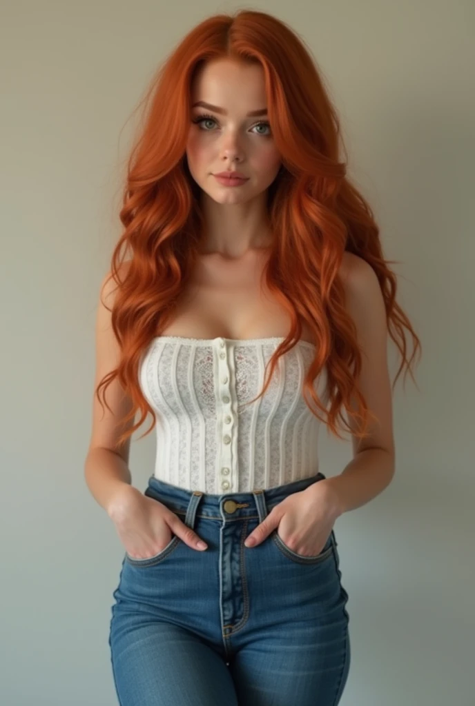 ((standing alone)) ((work of art)) ((high qualiy)) ((face perfect)) ((comely)) ((Round face)) ((middle - age)) ((red hair)) ((long hair)) ((cute nose)) ((greeneyes)) ((skin fair)) ((camisole)) ((tight denim)) ((fleshy lips)) curvy figure
