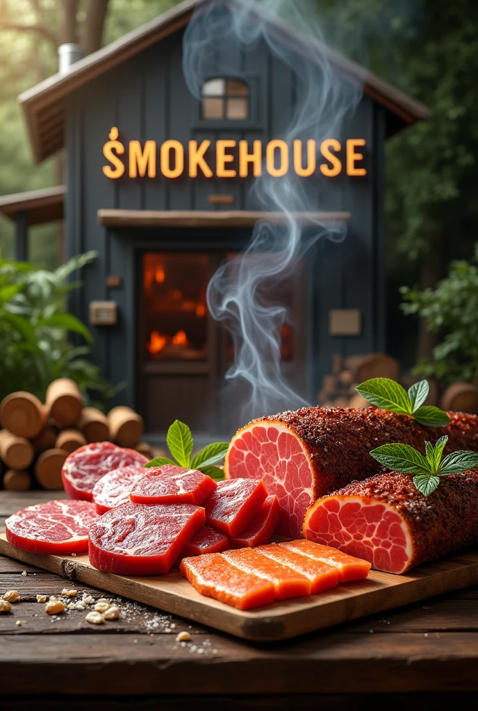 Create an image that has to say the name of the company it is " crazy about smoked meat "has to do with modern smokers, that has firewood and trees in the background that has smoke that is modern the name of the company must be written in Spanish, showing various types of pork beef, salmon , hams