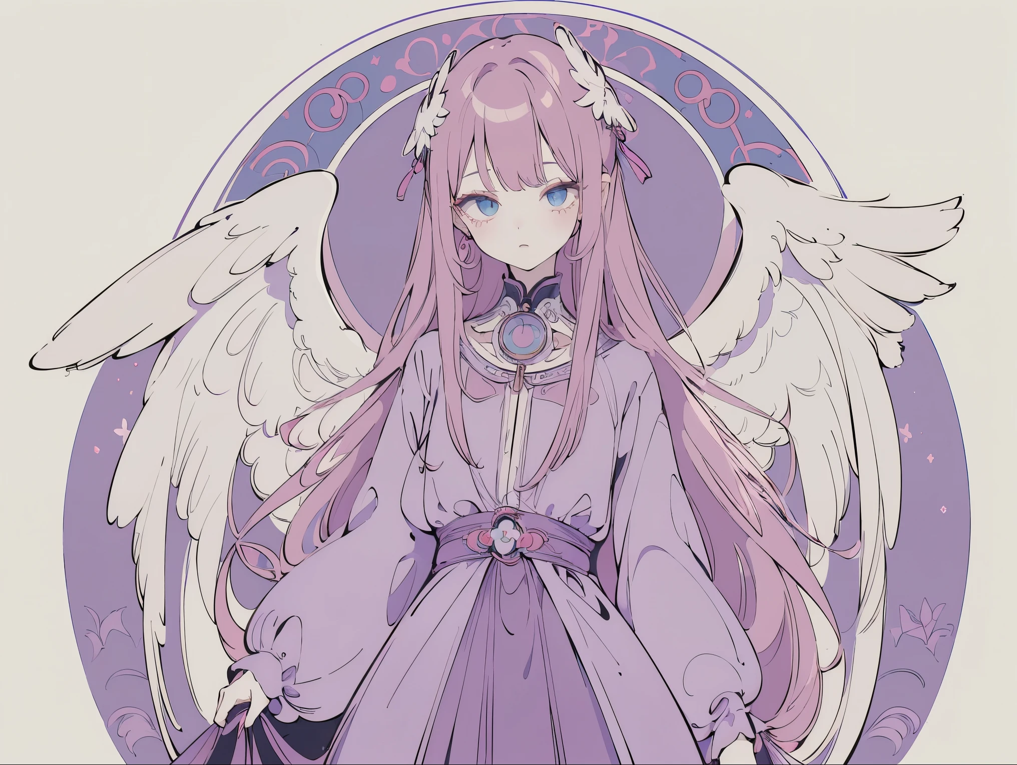 (Designed by nty:1.4),Upper body portrait of a girl,Violet color, colourful, Yoshitaka Amano character setting,solo,Angelic, Symmetrical Beauty, Angel Wings, Gorgeous long skirt, stand up, (((solo))), Color matching,Clear facial features, Clean lines design, Magic Elements, future technology, ((tarot card background)), Standing figure, ((Flat color)), (masterpiece,Top quality,Best quality,Ultra-high resolution), ((Exquisite facial features,Clear facial features,beautiful eyes,Beautiful face)) ,(32k wallpaper),