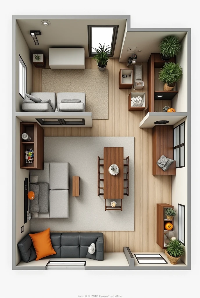 Create the layout of a 100 sq m house and furnish it with designer items and furniture