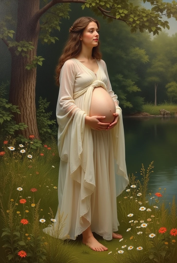 Vintage Renaissance oil painting of a slightly pregnant woman in nature wearing white semi-transparent clothing 
