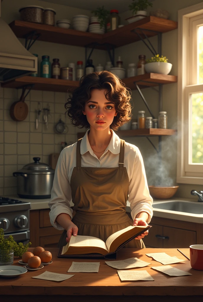 Kitchen background, recipes, brown woman, 39 years old, short curly hair, devotional with God, Bible