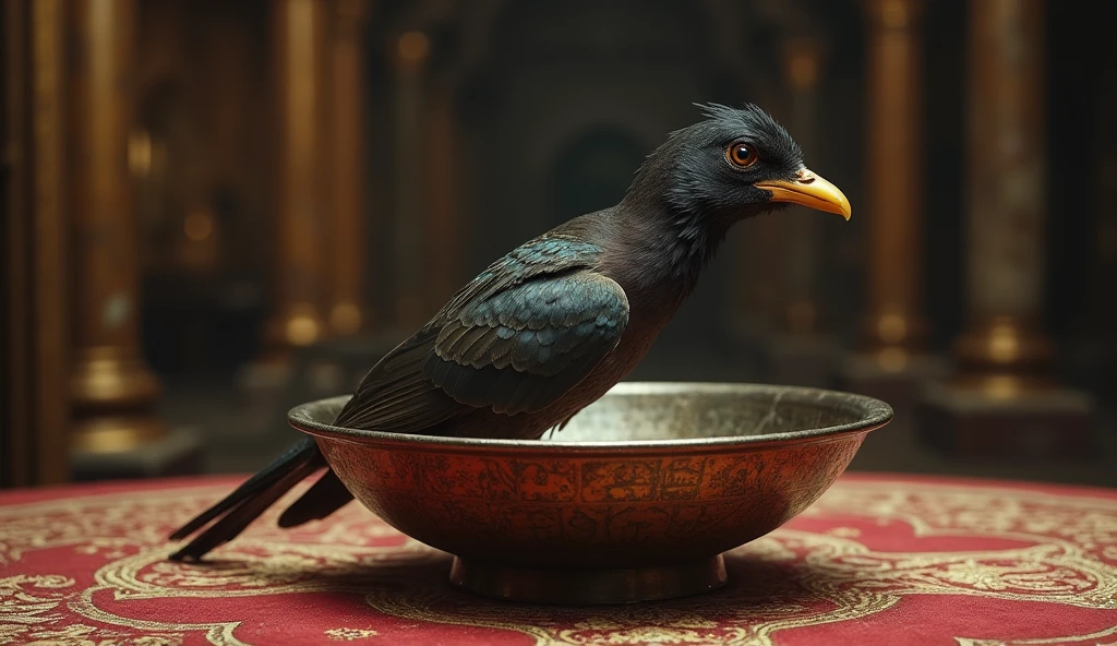 In the palace of an old king, there is a metal bowl upside down on a table, and under this bowl, a beautiful hooded bird is caught and captured, and only the bird's wing is left out from under the bowl, and the bird itself is not clear, only the bird's wing is clear. The overturned metal bowl, the bowl is on its back, and ancient symbols can be seen on the bowl