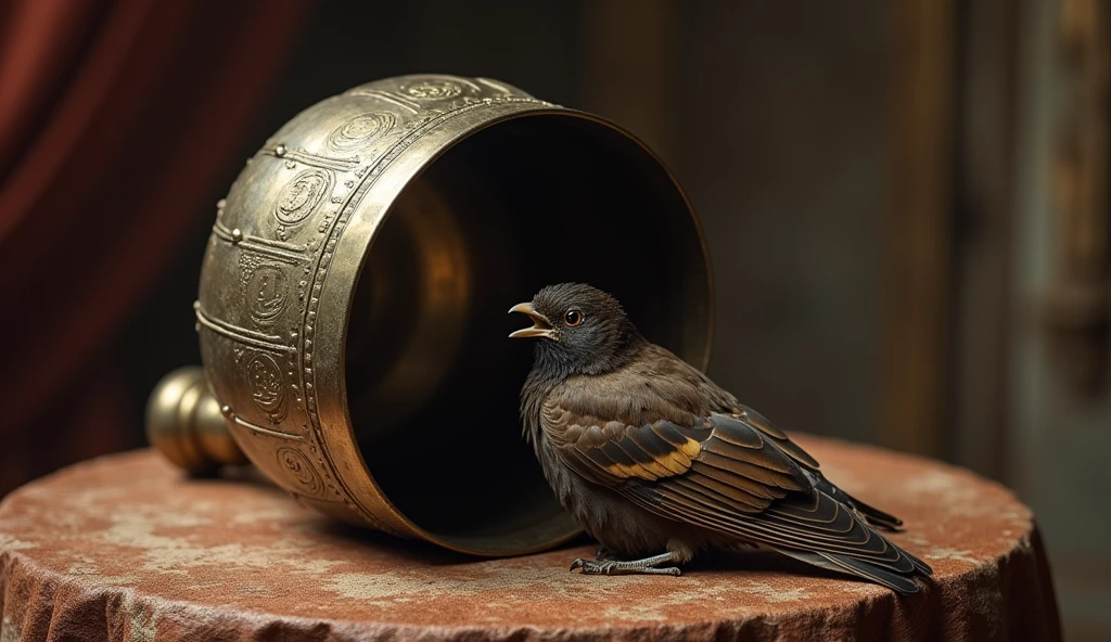 In the palace of an old king, there is a metal bowl upside down on a table, and under this bowl, a beautiful hooded bird is caught and captured, and only the bird's wing is left out from under the bowl, and the bird itself is not clear, only the bird's wing is clear. The overturned metal bowl, the bowl is on its back, and ancient symbols can be seen on the bowl