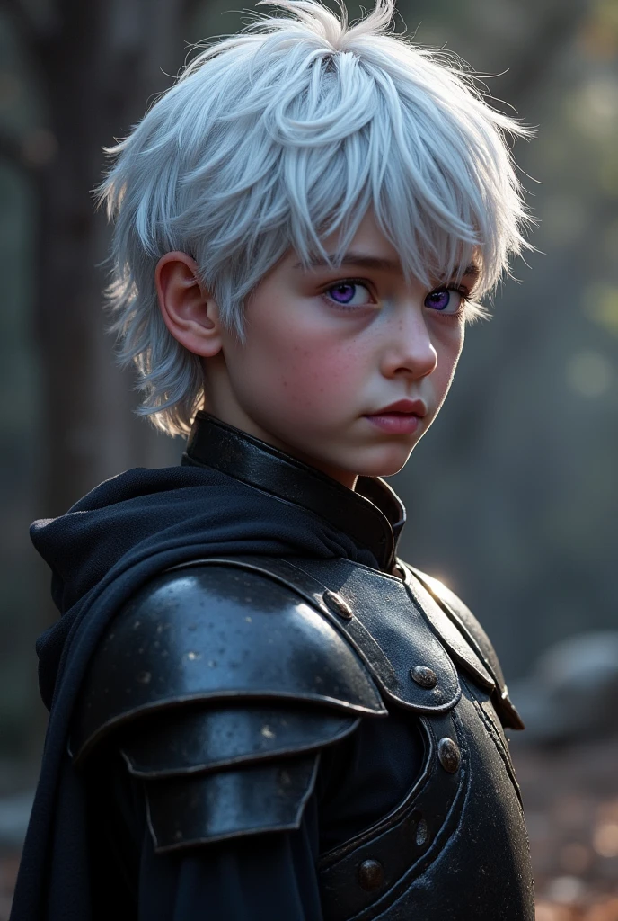 A targaryen boy with  with silver hair and purple eyes trails with black simple armor