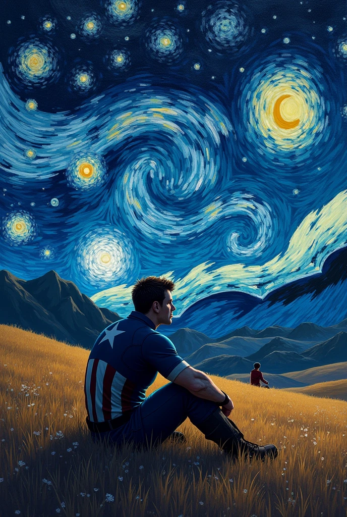 Steve Rogers (captain America) sitting on his back watching the starry night from a distance. However, you must visualize the starry night of the artist Vincent van Gogh