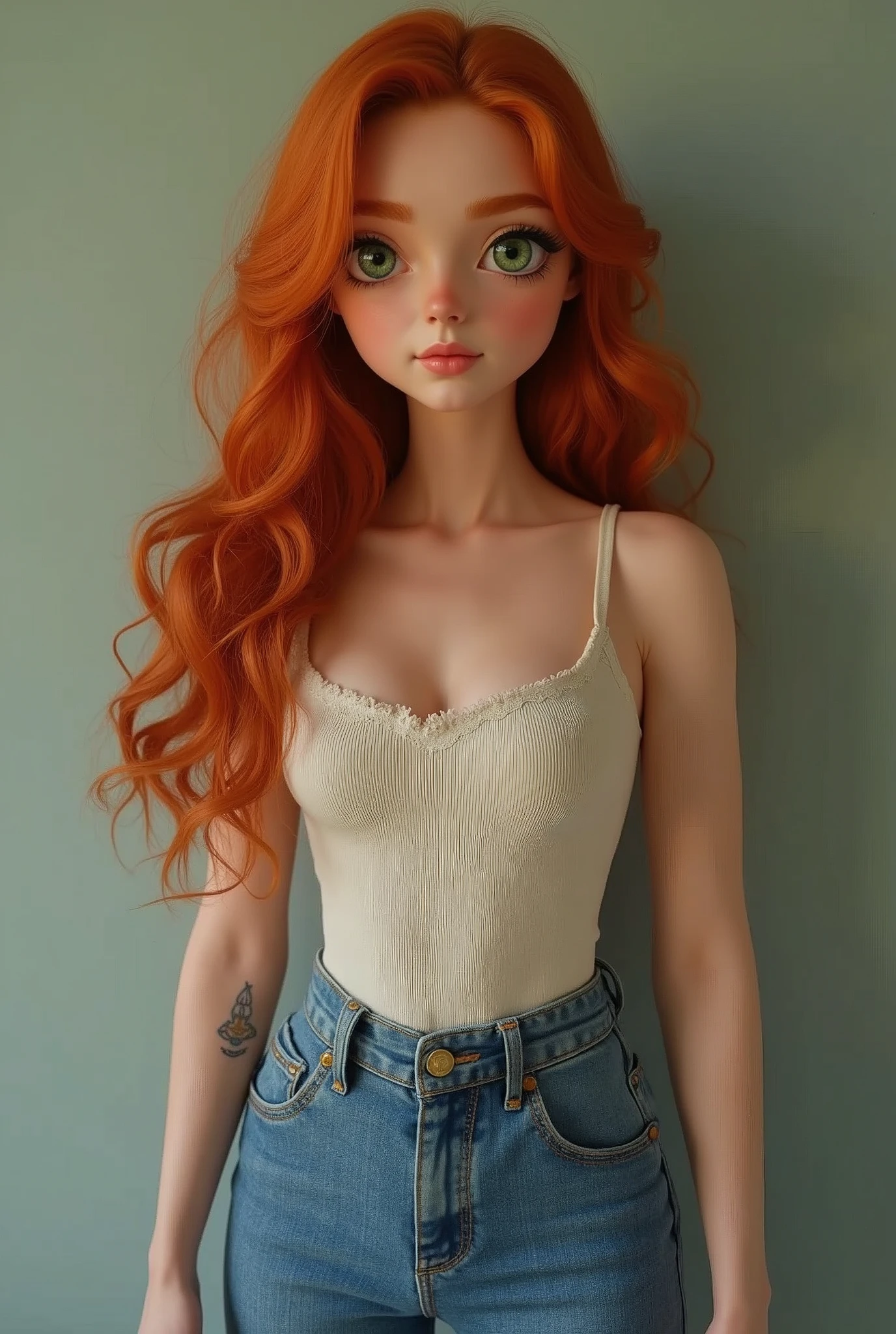 ((standing alone)) ((work of art)) ((high qualiy)) ((face perfect)) ((comely)) ((Round face)) ((middle - age)) ((red hair)) ((long hair)) ((cute nose)) ((greeneyes)) ((skin fair)) ((camisole)) ((tight denim)) ((fleshy lips)) curvy figure