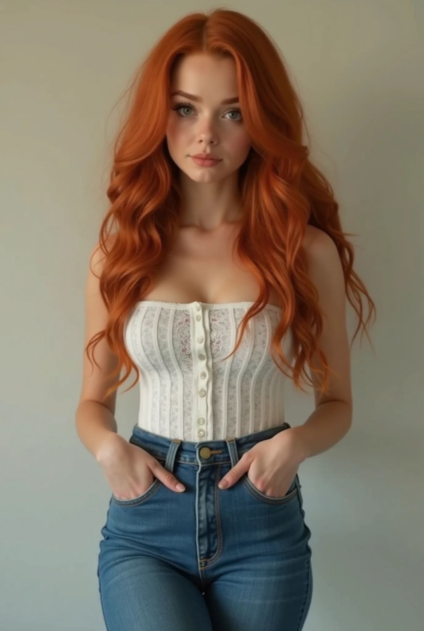 ((standing alone)) ((work of art)) ((high qualiy)) ((face perfect)) ((comely)) ((Round face)) ((middle - age)) ((red hair)) ((long hair)) ((cute nose)) ((greeneyes)) ((skin fair)) ((camisole)) ((tight denim)) ((fleshy lips)) curvy figure