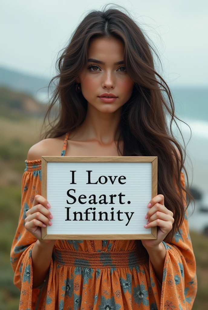 Beautiful girl with wavy long hair, bohemian dress, holding a white board with text "I Love Seaart Infinity" and showing it to the viewer