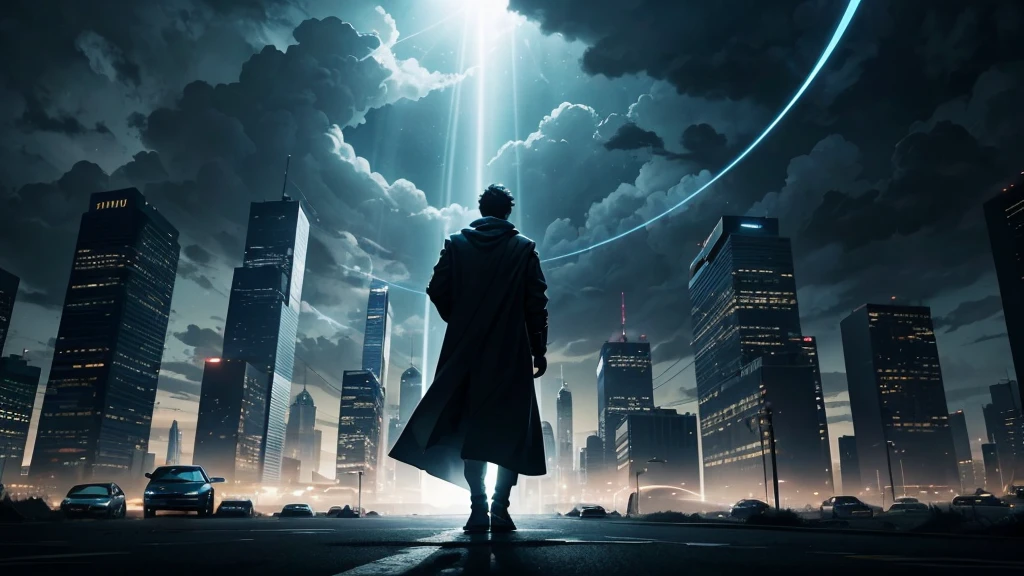 Scenario: A dark and stormy night sky with heavy clouds, rays illuminating the horizon. Ao fundo, a modern city seen from above, partially covered by dense fog, with tall buildings emerging from the darkness. Some buildings have lights on, but the streets below are deserted.Central Element: En el centro de la imagen, a human figure (silhuette) being pulled up by a bright beam of light, Ascending to Heaven. Ao redor da figura, outras silhuettes menores também estão subindo, but they are already partially surrounded by light, almost disappearing.Additional Detail: In the bottom right corner, a deserted road with an abandoned car with open doors. near the car, clothes lying on the floor, as if someone had suddenly disappeared, Leaving it all behind.texto:texto Principal: "The Rapture Is Near?"texto Secundário: "What Will You Do When the Time Comes?"styled: The color palette should consist of dark tones (blackw, gris, deep blue) contrasting with the bright beam of light (white and intense yellow). The font used for the text should be impactful and easy to read, with a slight glow around to make it stand out in the gloomy image.