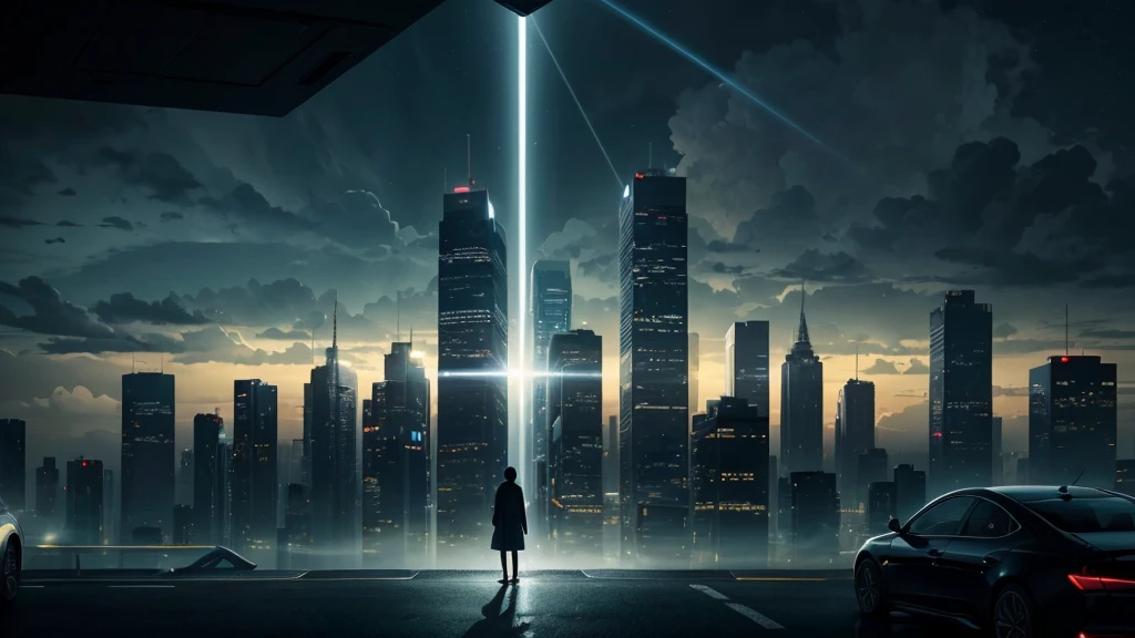 Scenario: A dark and stormy night sky with heavy clouds, rays illuminating the horizon. Ao fundo, a modern city seen from above, partially covered by dense fog, with tall buildings emerging from the darkness. Some buildings have lights on, but the streets below are deserted.Central Element: En el centro de la imagen, a human figure (silhuette) being pulled up by a bright beam of light, Ascending to Heaven. Ao redor da figura, outras silhuettes menores também estão subindo, but they are already partially surrounded by light, almost disappearing.Additional Detail: In the bottom right corner, a deserted road with an abandoned car with open doors. near the car, clothes lying on the floor, as if someone had suddenly disappeared, Leaving it all behind.texto:texto Principal: "The Rapture Is Near?"texto Secundário: "What Will You Do When the Time Comes?"styled: The color palette should consist of dark tones (blackw, gris, deep blue) contrasting with the bright beam of light (white and intense yellow). The font used for the text should be impactful and easy to read, with a slight glow around to make it stand out in the gloomy image.