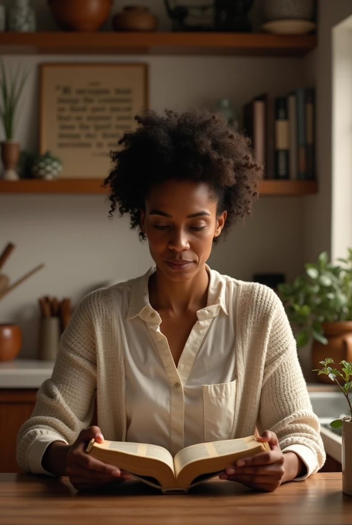 Kitchen background, recipes, brown woman, 39 years old, short curly hair, devotional with God, Bible