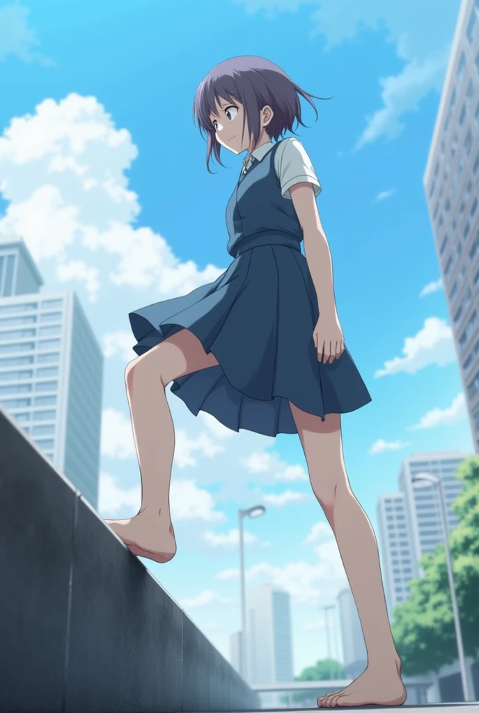 1 girl, oshi no ko, ai hoshino, stepping,(pov from below:1.3), stepped on, pov, low angle, no shoes, feet, looking down, toes, one foot out of frame, leg lift, foot focus, barefoot, standing on one leg, depth of field, outdoors,( foreshortening:1.2), facial blur, blurry face, building, city, sky, cloud, giantess, mega size, masterpiece, best