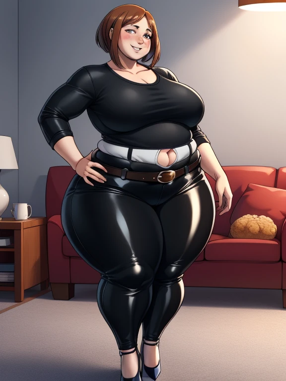 high quality, best quality, beautiful, perfect lighting, detailed face, mature face, ((1girl)), ((solo)), Imagine Ochaco Uraraka as an adult, 45 years old, motherly, mom, MILF, plus sized milf, short brown hair, brown eyes, ((blush)), smile, looking at viewer, ((Wearing: dark blue shirt,black leather pants, white belt and white heels)), ((motherly breasts)), wide hips, thick thighs, chubby, love handles, muffin-top, round belly, living room, hands on hips,
