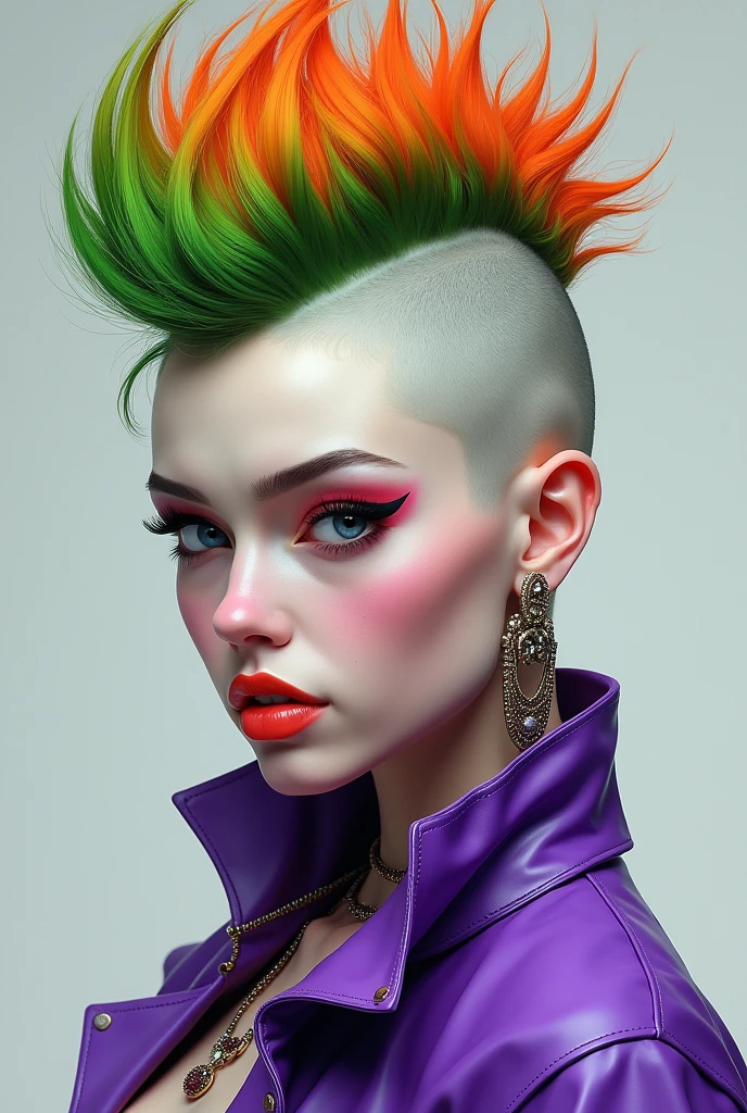 Mohawk, Side Cropped Hair, Green Hair, Orange side hair, Punk Fashion, 1 girl, Earrings, White Face, Purple clothes, undercut,