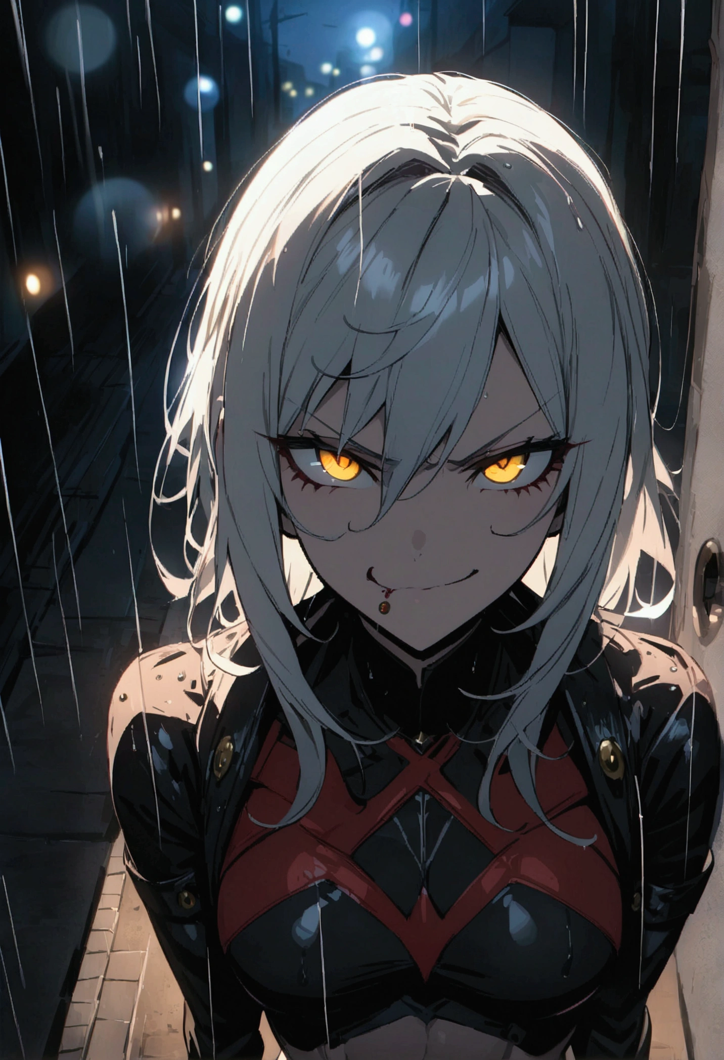 anime women, dark outfit with red details, white hair, (golden eyes) standing in a rain soaked street at night, cinematic lighting (best quality:1.2),ultradetailed,vivid colors,bokeh, angry looking face with smirk on mouth, piercing, ABS, looking up at the camera