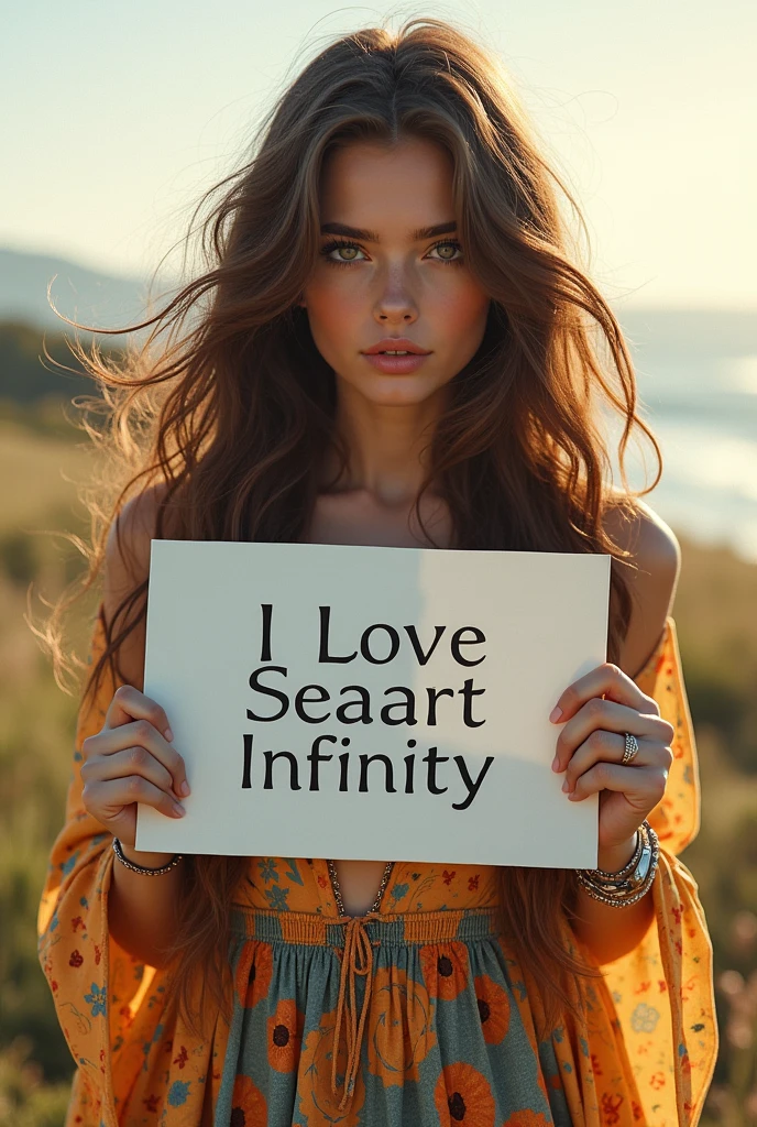 Beautiful girl with wavy long hair, bohemian dress, holding a white board with text "I Love Seaart Infinity" and showing it to the viewer