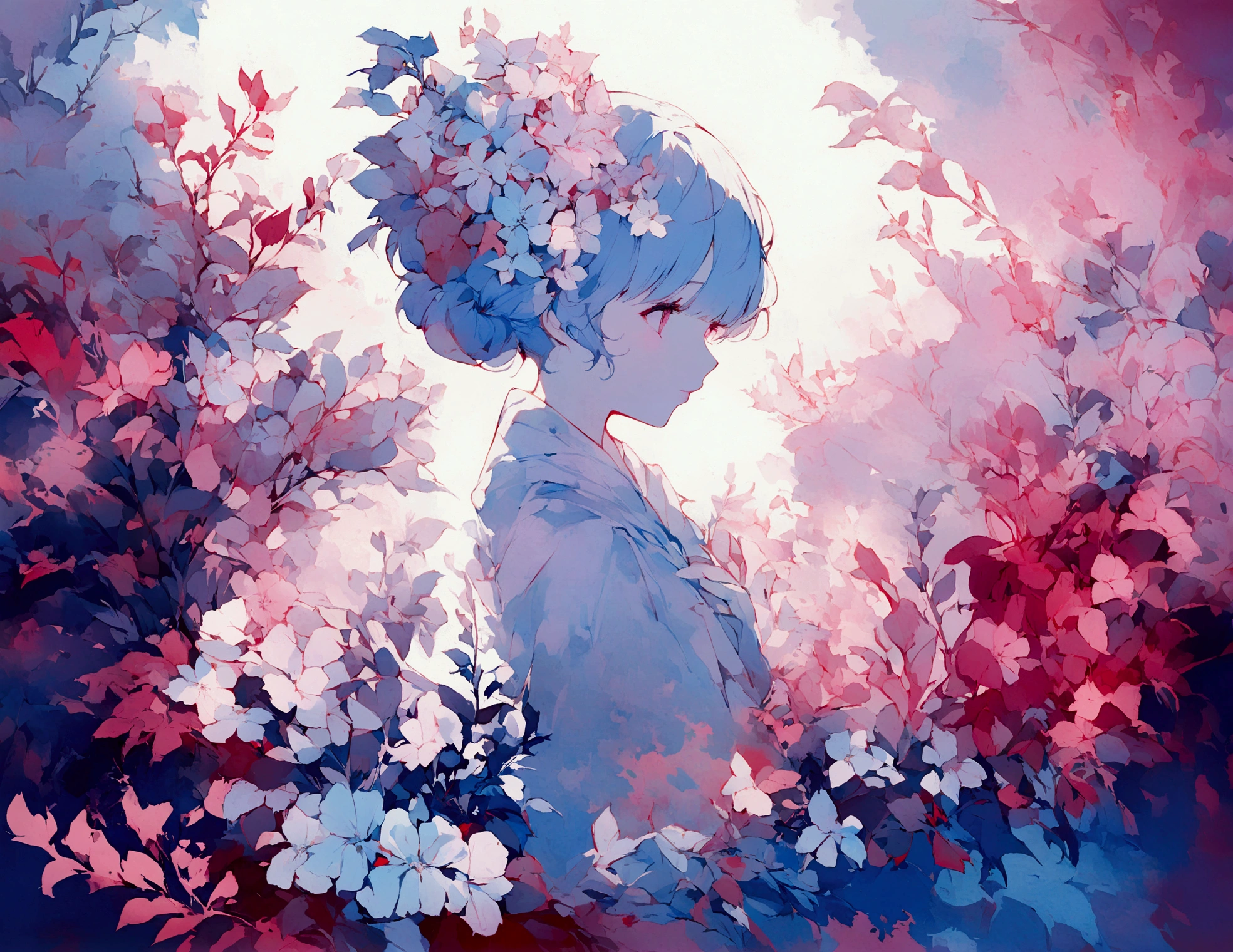 1 Girl,flower, Platycodon ,Light pink and light blue style, Dreamy and romantic composition, light pink, ethereal foliage, Interesting arrangement,fantasy, High contrast, Ink strokes,  Impression of purple with red tones , Abstract