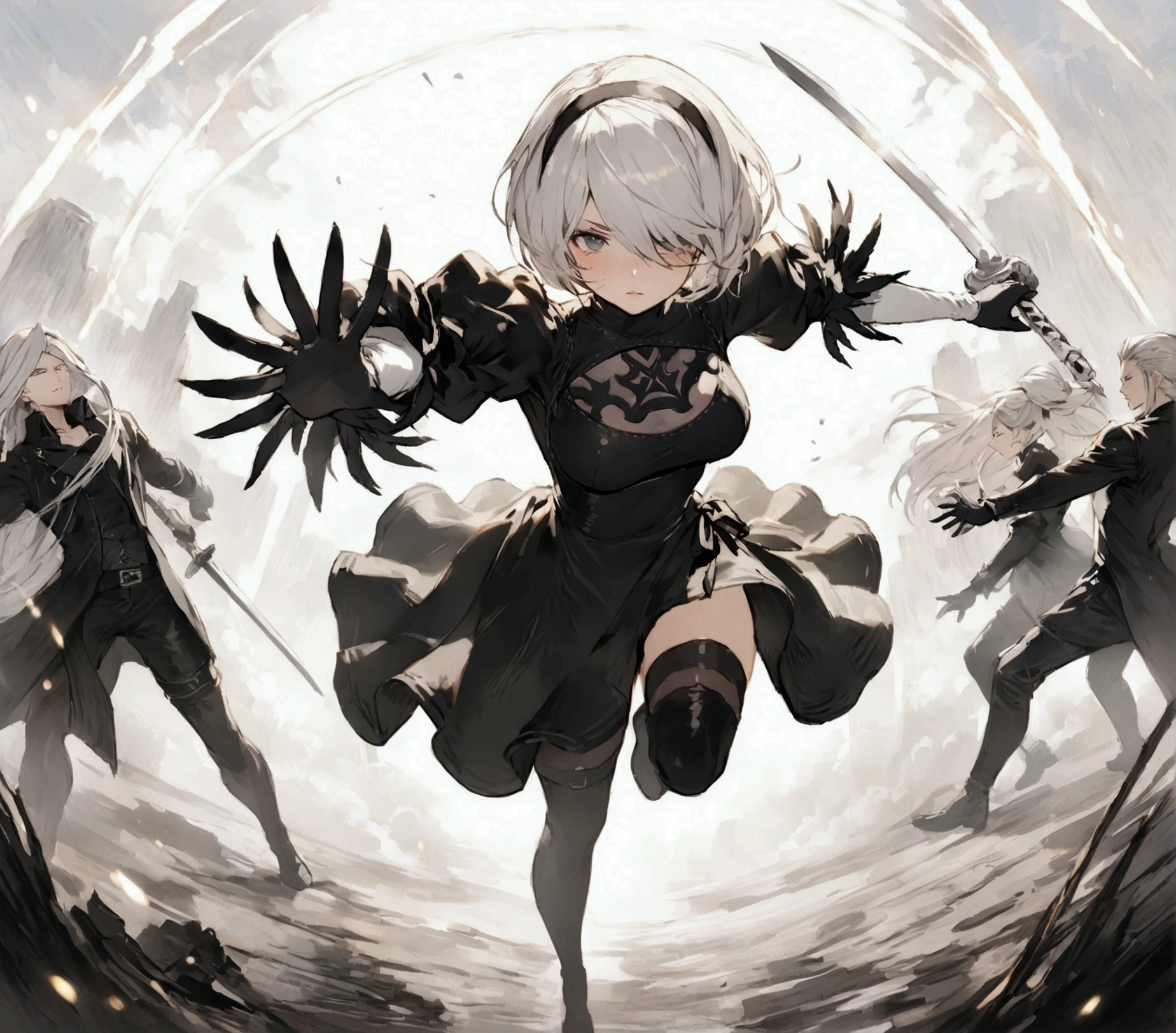 Best Quality, Nier Automata 2B, fighting with Sephiroth full body