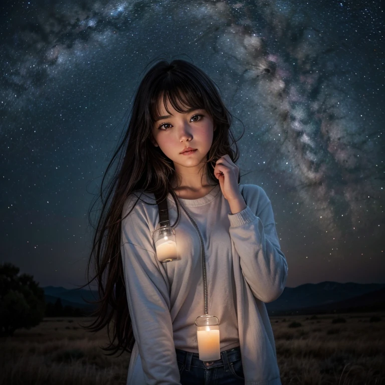 cute beautiful girl looking at the milky way