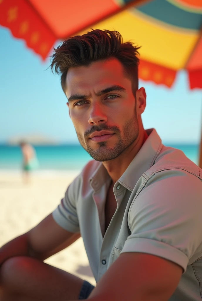 a 39-year-old white man, model type with dark hair, without beard, clear eyes,, shirt, calcao, sitting on the Algarve beach under a colorful sun canopy