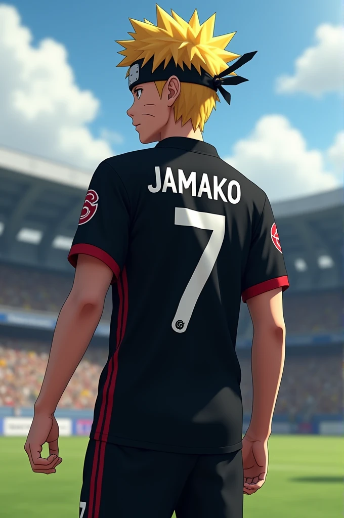 Generates an image of Naruto Uzumaki from behind with a black soccer jersey with the 7 on the back and the naruto is without the ninja band