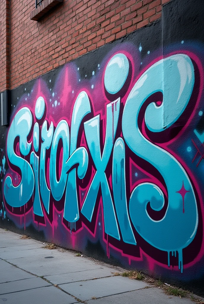 create a graffiti with the word sicrofacxis that contains the colors light blue,light pink and white