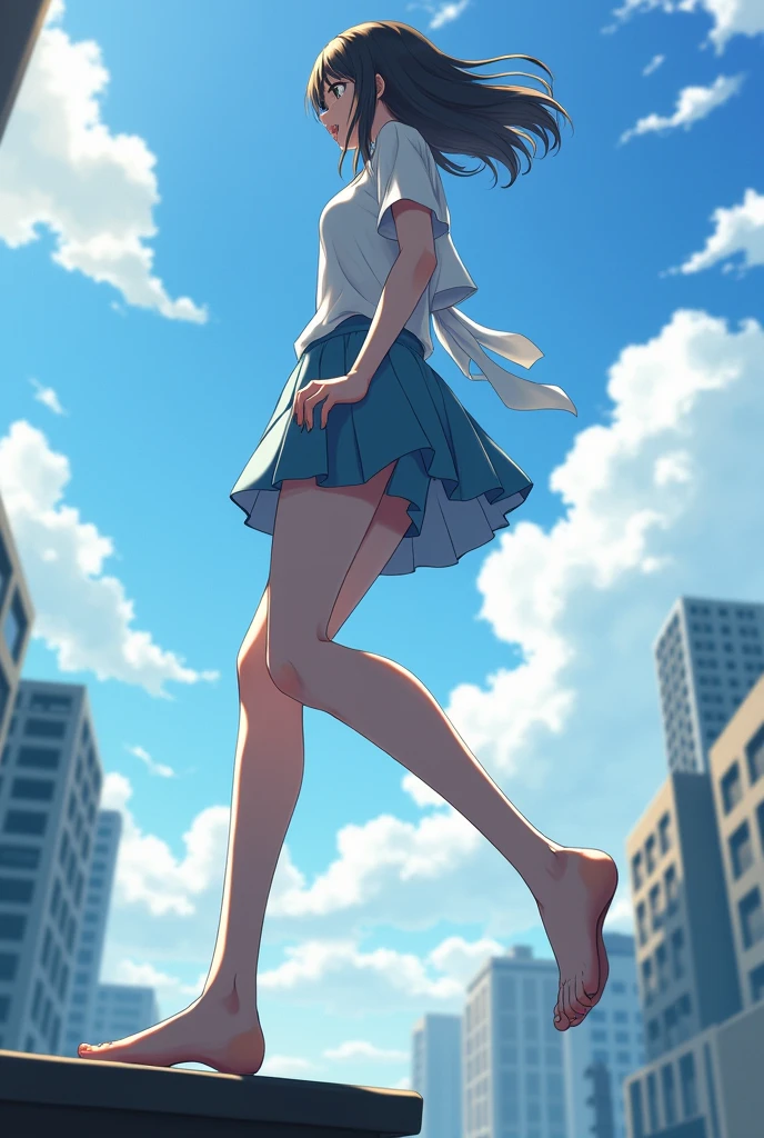 1 girl, oshi no ko, ai hoshino, stepping,(pov from below:1.3), stepped on, pov, low angle, no shoes, feet, looking down, toes, one foot out of frame, leg lift, foot focus, barefoot, standing on one leg, depth of field, outdoors,( foreshortening:1.2), building, city, sky, cloud, giantess, mega size, masterpiece, best,stiky feet
