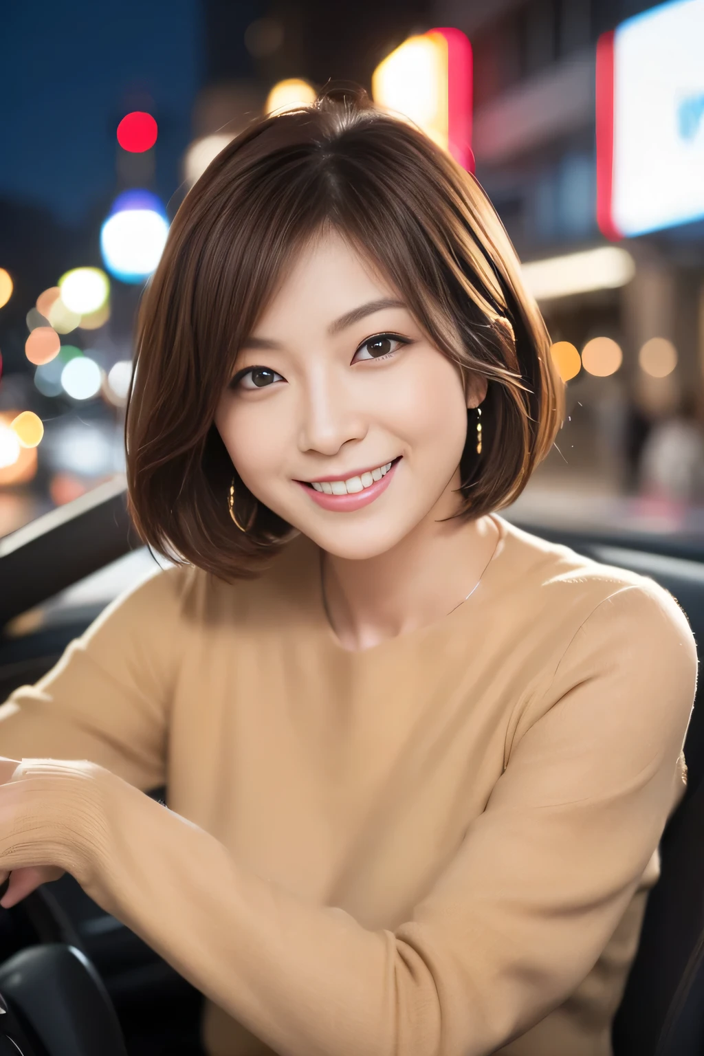 A Japanese woman driving a car、Age 35、Looking this way and smiling、Close-up photo with focus on face、Big Laugh、Light brown hair、Light khaki long sleeve silk blouse、Downtown at night、Blurred Background、(uhd, anatomically correct, super detail, high details, best quality, 16K), Cinema lighting、Professional Lighting、