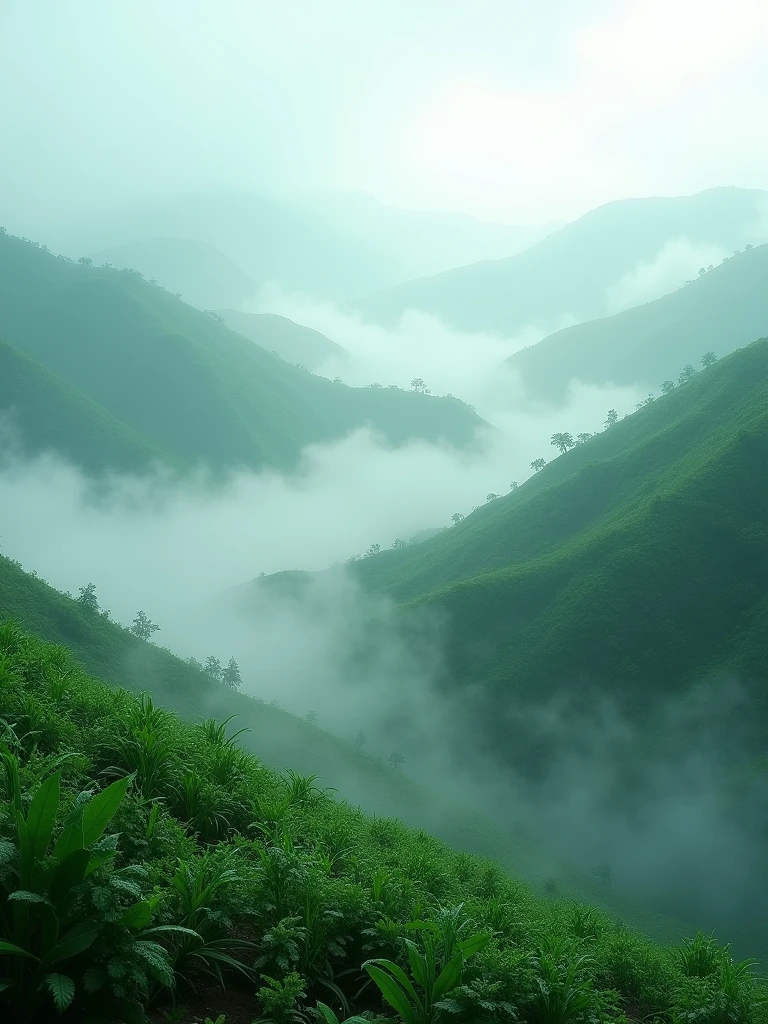 Capture the enchanting beauty of mist-covered green mountains during the monsoon, with every leaf and drop of dew rendered in stunning Ultra HD detail.