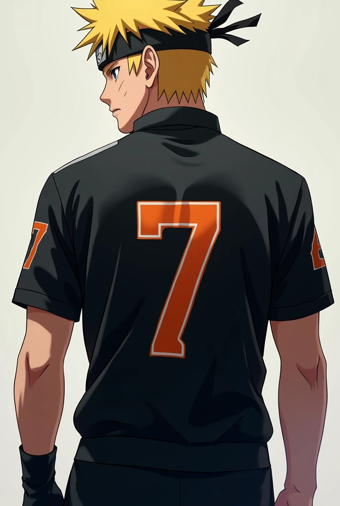 Generates an image of Naruto Uzumaki from behind with a black soccer jersey with the 7 on the back and the naruto is without the ninja band