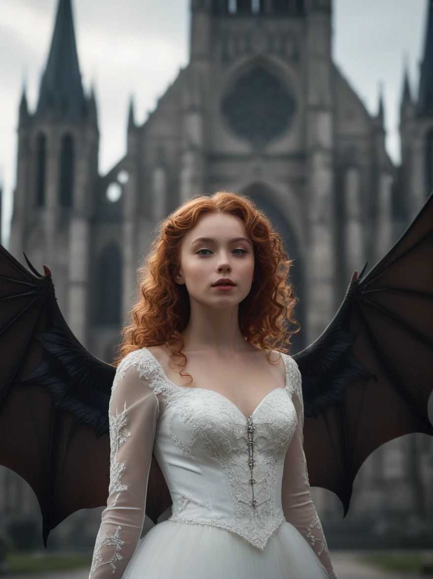 In this exciting, ultra-realistic cinematic scene, a full portrait of a red-haired curly-haired young girl Marishka, dazzlingly beautiful, great bat wings, she has white enamel skin from head to toe and wings in the style of barroko, she hovered in the air with her wings vertically open, against the background of a Gothic cathedral, hyperrealism, portrait of a flying Marishka in the image of the bride of Dracula, (Van Helsing). Atmospheric lighting creates a moody, majestic atmosphere, and soft light creates an elegant glow on their graceful, dynamic poses. A mysterious, vast landscape is depicted in the background, evoking a sense of awe and surprise. The image is obtained on a 70mm lens with increased depth of field and tilt blur to enhance cinematography. The color scheme and lighting were carefully worked out using the Unreal Engine, resulting in a visually stunning masterpiece with increased detail., dark fantasy