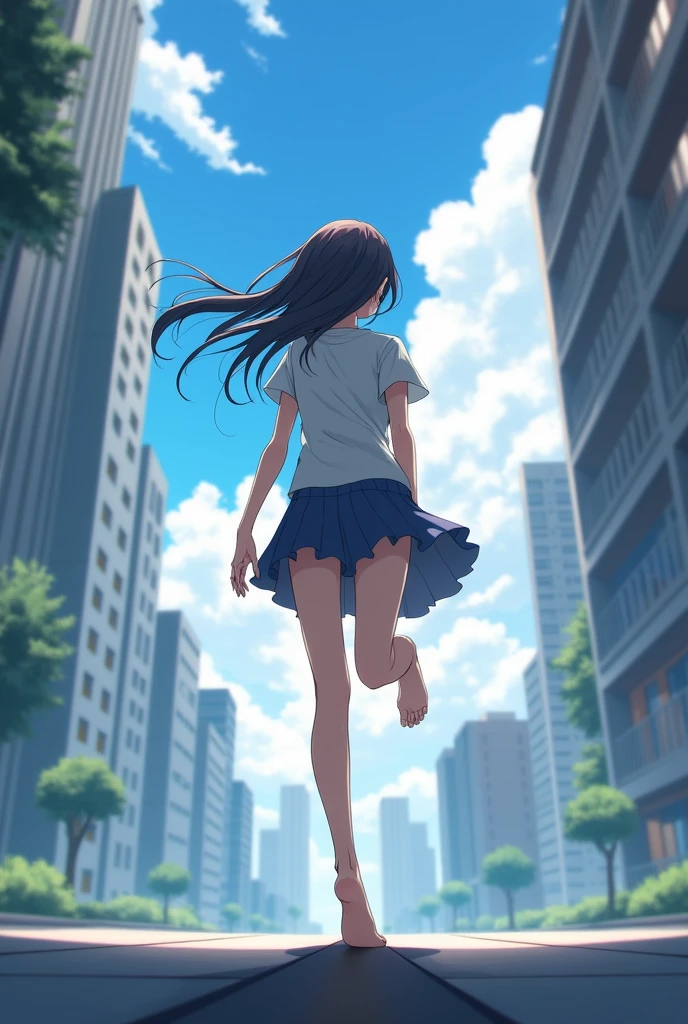 1 girl, oshi no ko, ruby hoshino, stepping,(pov from below:1.3), stepped on, pov, low angle, no shoes, feet, looking down, toes, one foot out of frame, leg lift, foot focus, barefoot, standing on one leg, depth of field, outdoors,( foreshortening:1.2), facial blur, b, building, city, sky, cloud, giantess, mega size, masterpiece, best,stiky feet