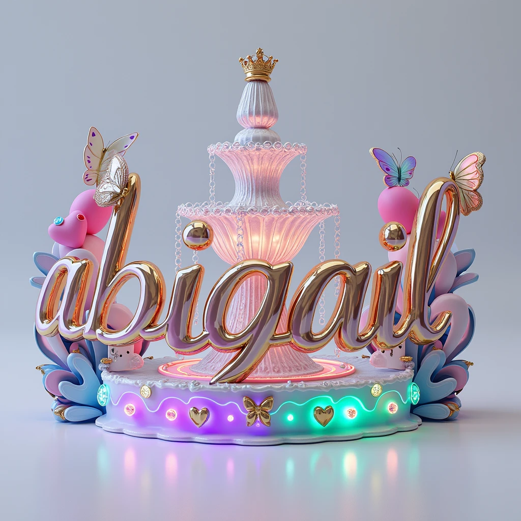 Generates an exquisitely designed 3D text logo titled "abigail", that emanates an aura of royalty and mystery. The elegant crystallized fountain is adorned with a harmonious design, featuring a delicate pearly heart with a crown and a diamond, and a mesmerizing transparent iridescent butterfly. Vibrant neon shades of pink, blue, yellow, purple, green and orange come to life against pristine white background, adding a touch of magic and charm. Pink and lavender hearts on the sides enhance the charm, while bold typography and 3D rendering make a powerful statement in the world of vibrant 3D rendering architecture and design. Perfect for a cinematic experience or architectural design, This captivating logo captures the essence of a dreamy, conceptual art masterpiece.