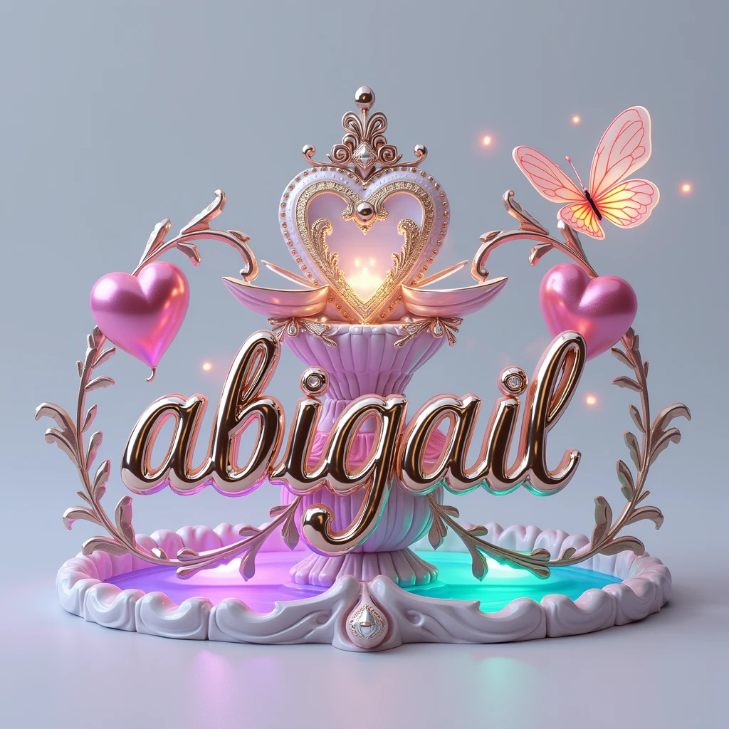 Generates an exquisitely designed 3D text logo titled "abigail", that emanates an aura of royalty and mystery. The elegant crystallized fountain is adorned with a harmonious design, featuring a delicate pearly heart with a crown and a diamond, and a mesmerizing transparent iridescent butterfly. Vibrant neon shades of pink, blue, yellow, purple, green and orange come to life against pristine white background, adding a touch of magic and charm. Pink and lavender hearts on the sides enhance the charm, while bold typography and 3D rendering make a powerful statement in the world of vibrant 3D rendering architecture and design. Perfect for a cinematic experience or architectural design, This captivating logo captures the essence of a dreamy, conceptual art masterpiece.