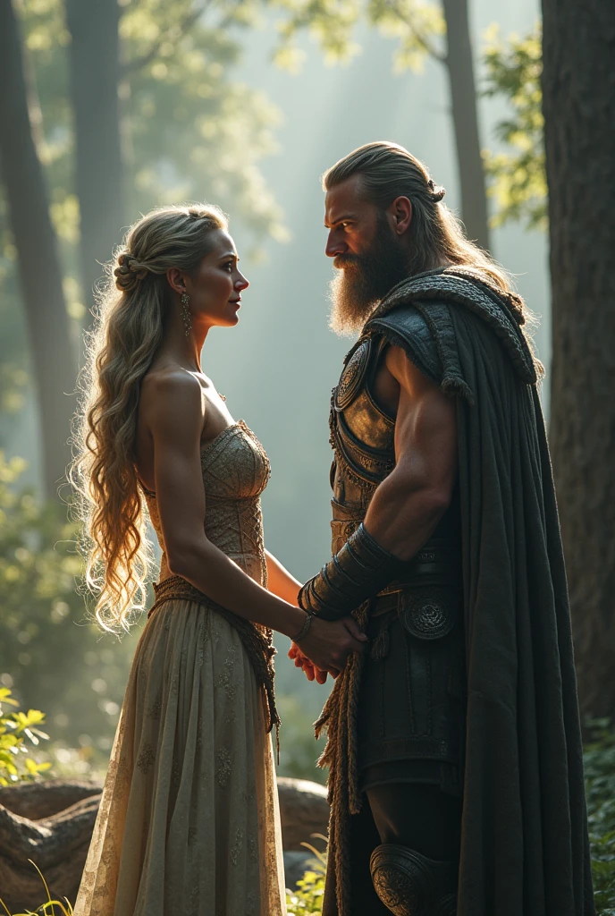 hyper realistic low valkyrie from valhalla holding hands with goddess freyja, on earth you see ragnarok and loki on the back of the wolf fenrir hyper realistic 4k, photorealism