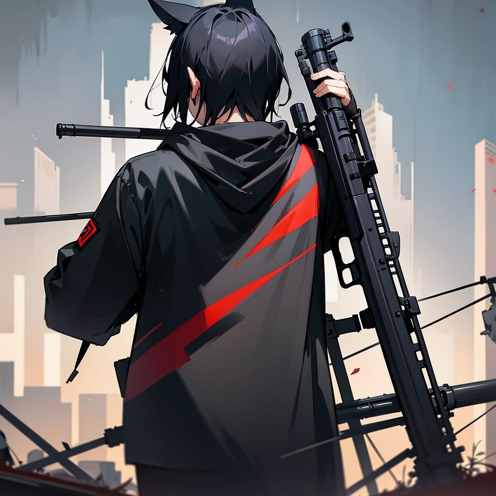 a young man from behind with black hair with wolf ears wearing a black hoodie with red stripes holding a sniper rifle specifically an awm with a background like an abandoned city with some vegetation and buildings
