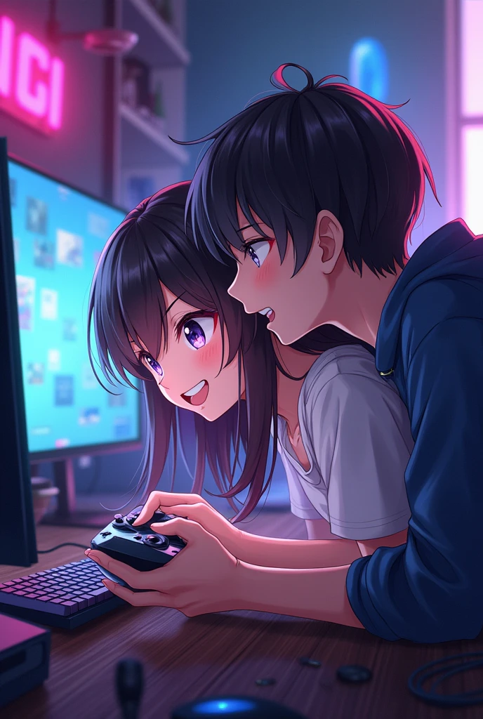 Hot anime girl and boy gaming 