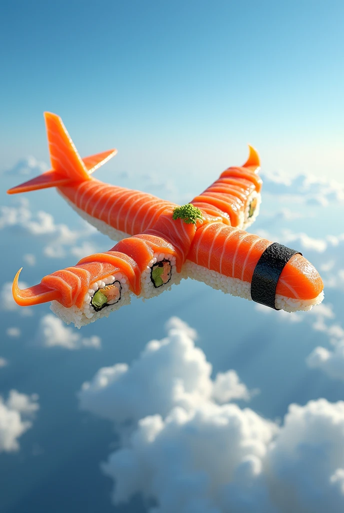 Create a plane made from salmon sushi 