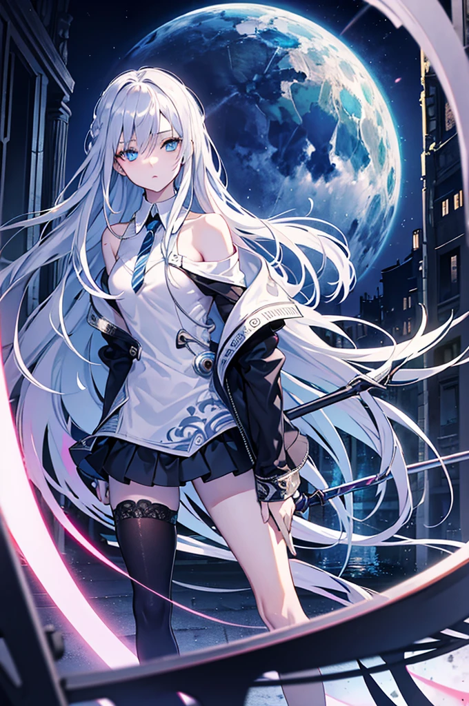 ((masterpiece)), ((best quality)), ((best illustration)), ((ultra-detailed)), 1 lady, ager, absurdly long hair, silver hair, straight hair, ((blue eyes)), ((beautiful detailed eyes)), gloomy face, looking at viewer, business suit, ((off shoulder)), ((miniskirt)), bare legs, thin body, thin arms, long arms, holding cybernetic spear, standing, profile, urban, night, backlight