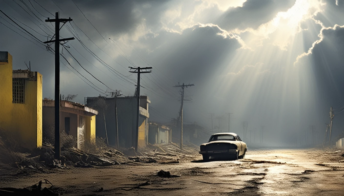 Scenario: A dark and stormy night sky with heavy clouds, rays illuminating the horizon. Ao fundo, a modern city seen from above, partially covered by dense fog, with tall buildings emerging from the darkness. Some buildings have lights on, but the streets below are deserted.Central Element: En el centro de la imagen, a human figure (silhuette) being pulled up by a bright beam of light, Ascending to Heaven. Ao redor da figura, outras silhuettes menores também estão subindo, but they are already partially surrounded by light, almost disappearing.Additional Detail: In the bottom right corner, a deserted road with an abandoned car with open doors. near the car, clothes lying on the floor, as if someone had suddenly disappeared, Leaving it all behind.texto:texto Principal: "The Rapture Is Near?"texto Secundário: "What Will You Do When the Time Comes?"styled: The color palette should consist of dark tones (blackw, gris, deep blue) contrasting with the bright beam of light (white and intense yellow). The font used for the text should be impactful and easy to read, with a slight glow around to make it stand out in the gloomy image.