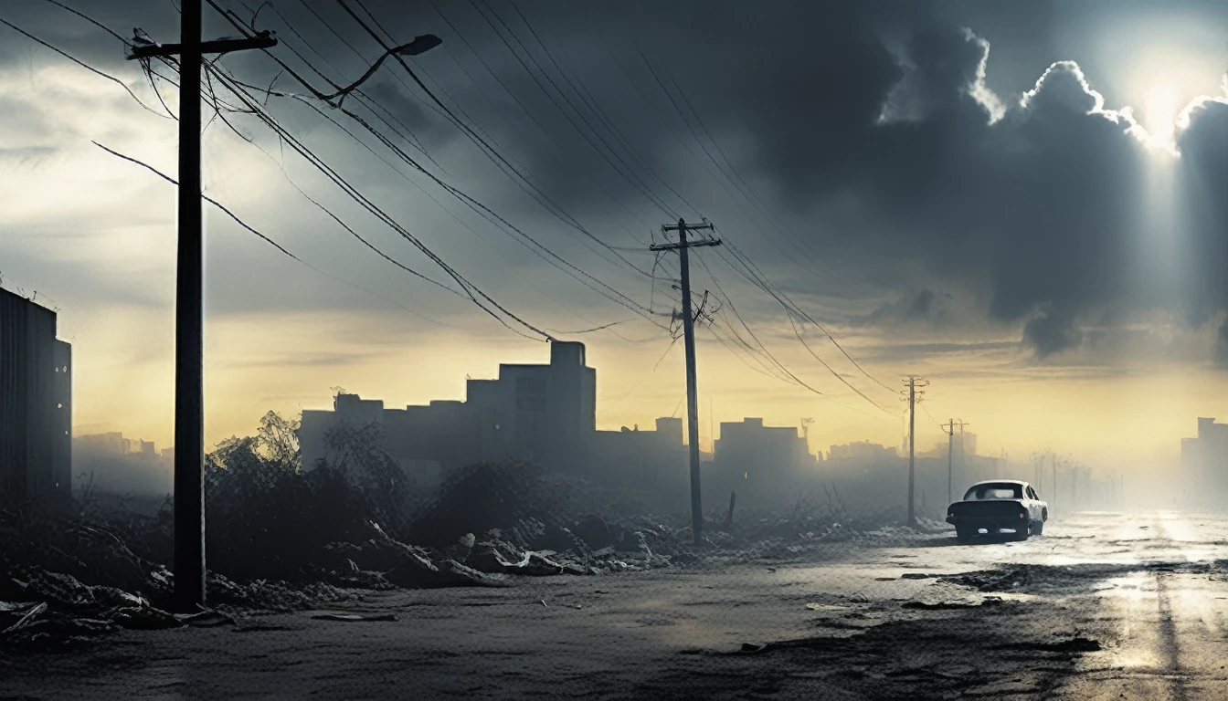 Scenario: A dark and stormy night sky with heavy clouds, rays illuminating the horizon. Ao fundo, a modern city seen from above, partially covered by dense fog, with tall buildings emerging from the darkness. Some buildings have lights on, but the streets below are deserted.Central Element: En el centro de la imagen, a human figure (silhuette) being pulled up by a bright beam of light, Ascending to Heaven. Ao redor da figura, outras silhuettes menores também estão subindo, but they are already partially surrounded by light, almost disappearing.Additional Detail: In the bottom right corner, a deserted road with an abandoned car with open doors. near the car, clothes lying on the floor, as if someone had suddenly disappeared, Leaving it all behind.texto:texto Principal: "The Rapture Is Near?"texto Secundário: "What Will You Do When the Time Comes?"styled: The color palette should consist of dark tones (blackw, gris, deep blue) contrasting with the bright beam of light (white and intense yellow). The font used for the text should be impactful and easy to read, with a slight glow around to make it stand out in the gloomy image.