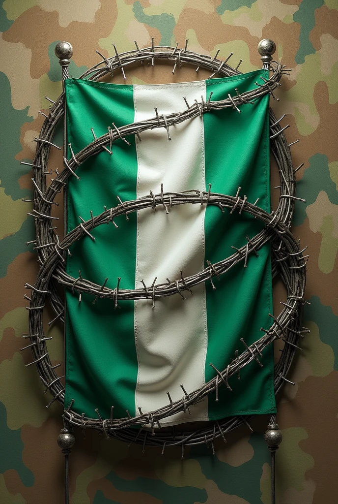 Flag of Pakostan wrapped razor wire around it and background of camouflage pattern