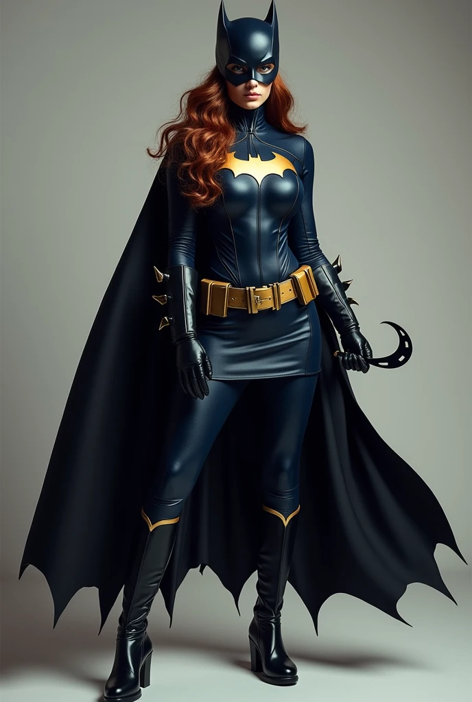 Batgirl is clad in a dark, midnight blue bodysuit with a gold bat logo on her chest, a matching black skirt, a flowing black cape, and gold-trimmed boots. Her utility belt is practical yet subtly stylish, and her long, wavy hair flows freely from her cowl She stands vigilantly, holding a batarang