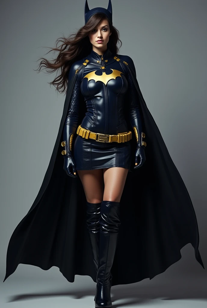 Batgirl is clad in a dark, midnight blue bodysuit with a gold bat logo on her chest, a matching black skirt, a flowing black cape, and gold-trimmed boots. Her utility belt is practical yet subtly stylish, and her long, wavy hair flows freely from her cowl She stands vigilantly, holding a batarang