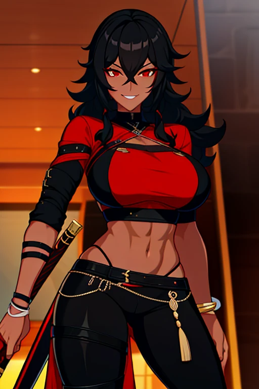 Adult woman, Ebony, black skin, long curly black hair, red eyes, Bondage on the eye, musculature, Black hired tight top, Mercenary pants, arma, sword, smirk, Masterpiece, hiquality
