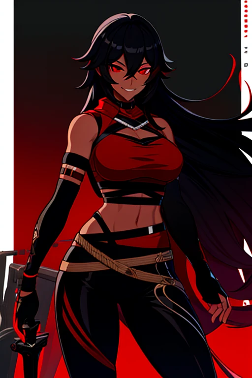 Adult woman, Ebony, black skin, long curly black hair, red eyes, Bondage on the eye, musculature, Black hired tight top, Mercenary pants, arma, sword, smirk, Masterpiece, hiquality